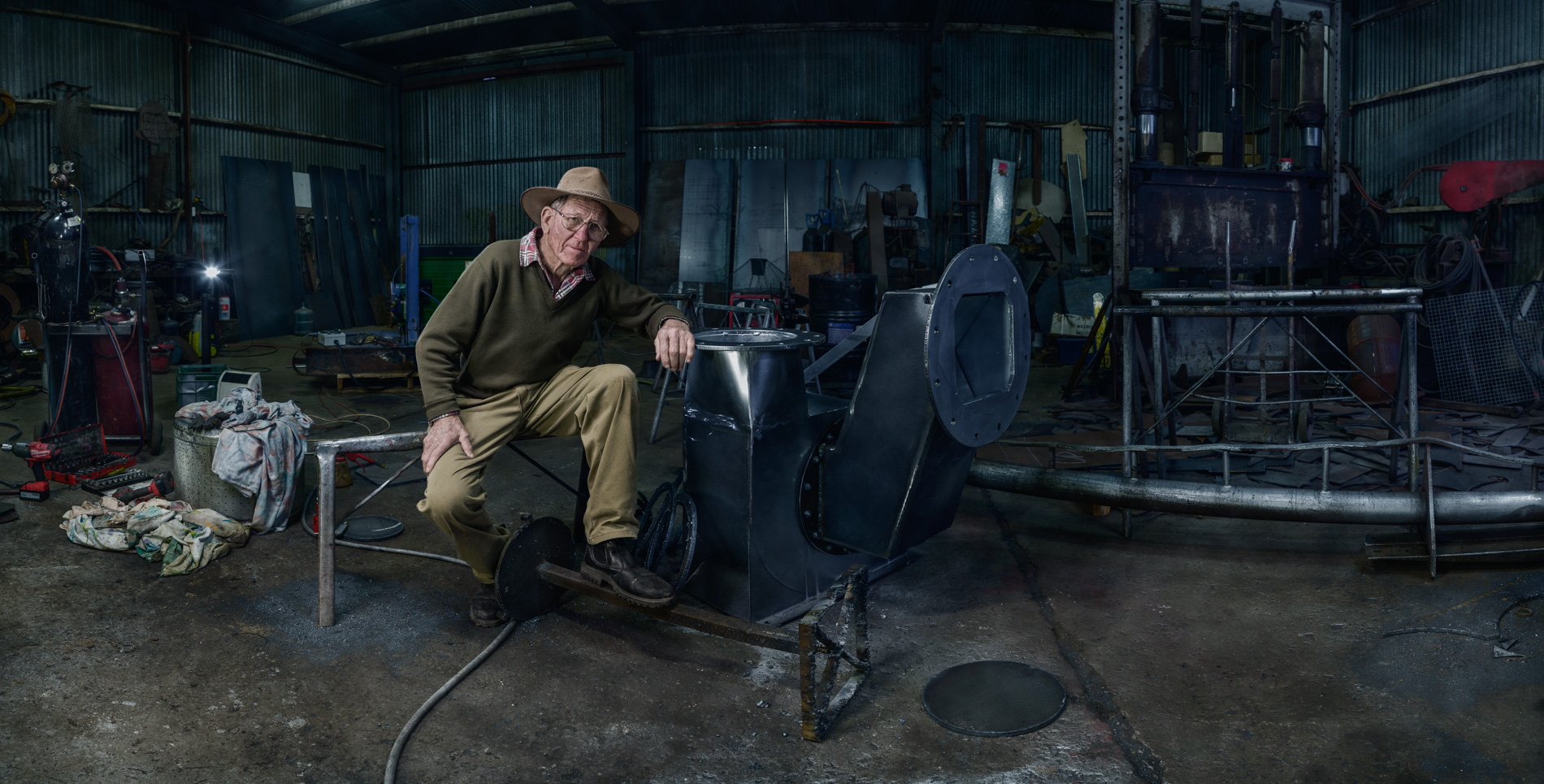 Hume Colville Self Priming pump engineer and his shed environmental portrait